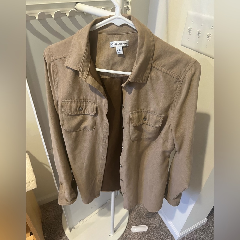Croft & Barrow Faux Suede Shirt Beige Long Sleeves Button Up